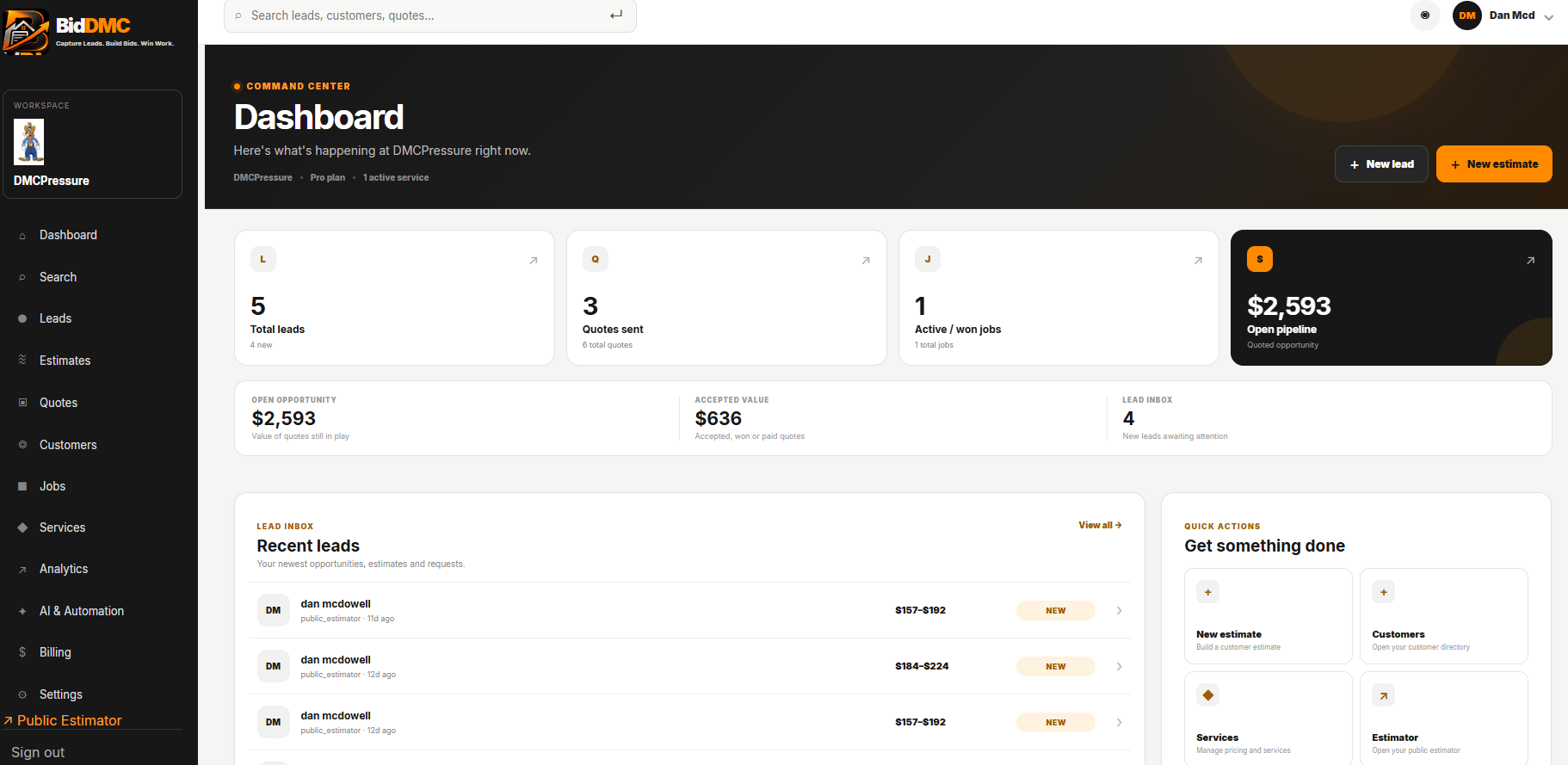 BidDMC — Actual dashboard screenshot